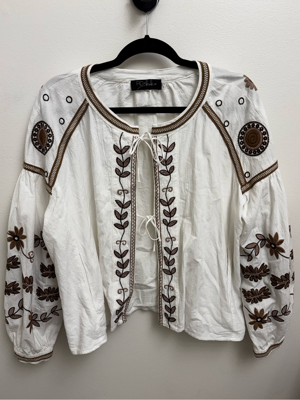 Anthropologie RD & Koko Blouse Tie Front Embroidered Floral Large 100% Cotton